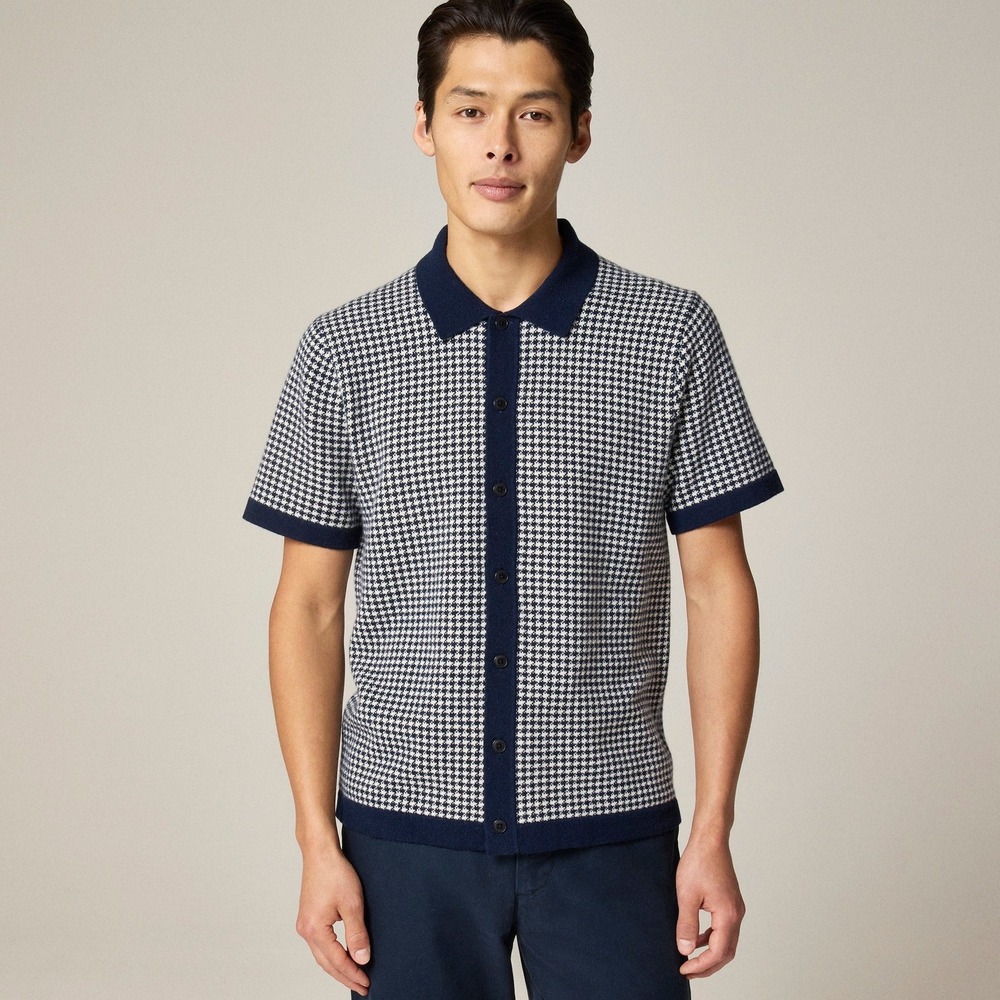 JCREW Mens Large Navy White Houndstooth Short Sleeve Button Up Cashmere Shirt